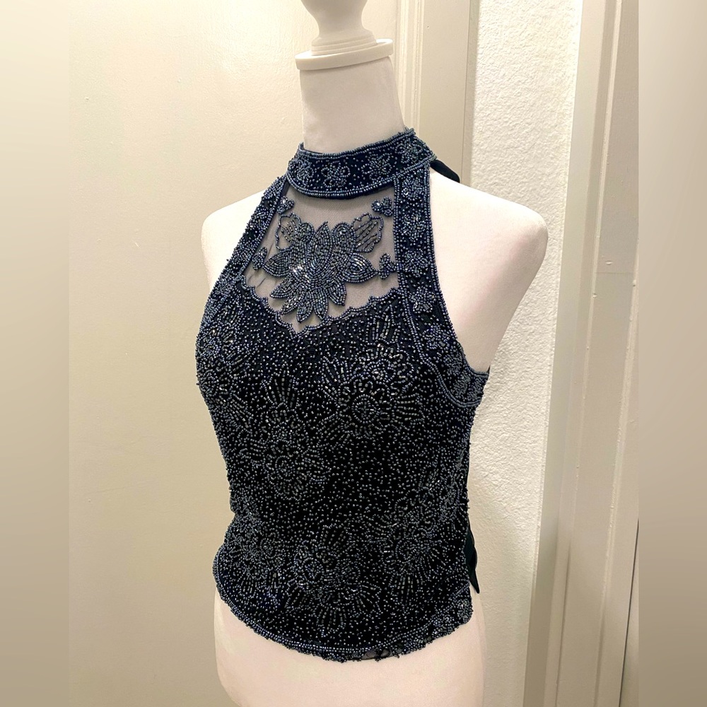 Topshop Dark Blue Beaded Halter High-Neck Top - Women's Petite Size 0